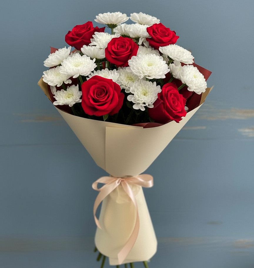 Букет цветов из: Розы и Хризантемы в Славянке