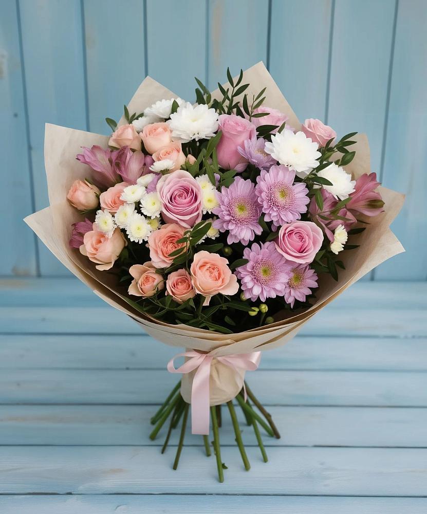 Букет цветов из: Хризантемы, Розы и Альстромерии в Славянке