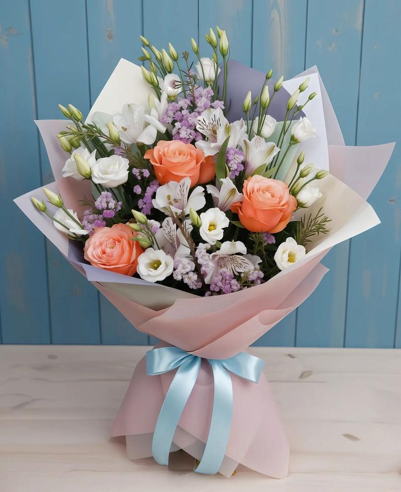 Букет цветов из: Лизиантусы, Розы, Альстромерии и Гипсофила в Славянке