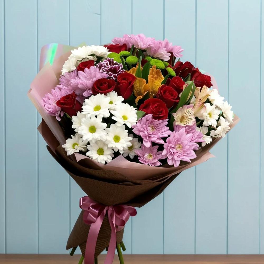 Букет цветов из: Розы, Хризантемы и Альстромерии в Славянке