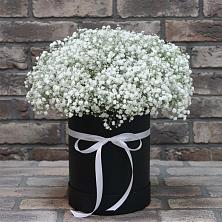 Цветочная композиция из Гипсофила в шляпной коробке в Славянке